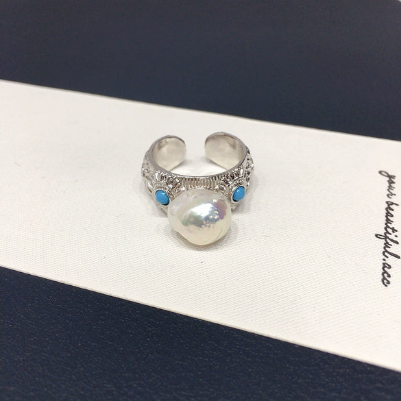 Wholesale Women's Baroque Freshwater Pearl And Turquoise Ring With Alien Shaped Pearls And Copper Material