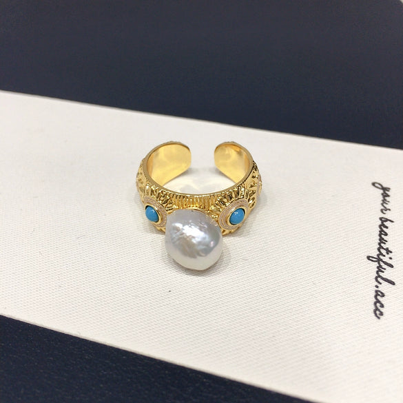 Wholesale Women's Baroque Freshwater Pearl And Turquoise Ring With Alien Shaped Pearls And Copper Material
