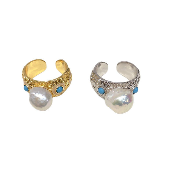 Wholesale Women's Baroque Freshwater Pearl And Turquoise Ring With Alien Shaped Pearls And Copper Material