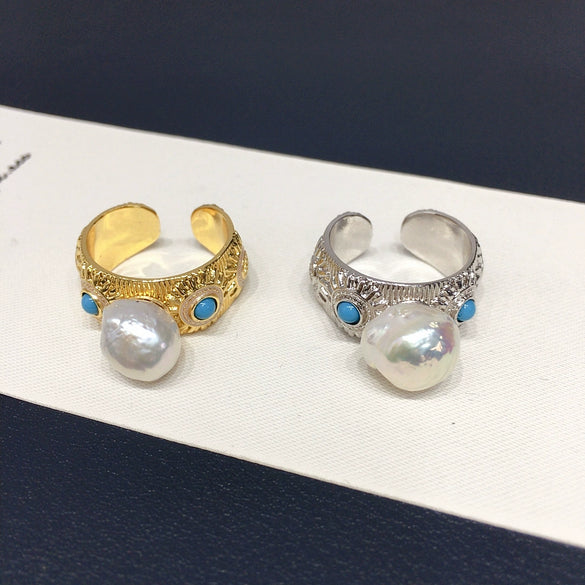 Wholesale Women's Baroque Freshwater Pearl And Turquoise Ring With Alien Shaped Pearls And Copper Material