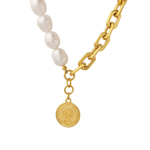 Wholesale Women's Baroque Geometric Freshwater Pearl And Titanium Steel Splicing Chain Necklace Jewelry