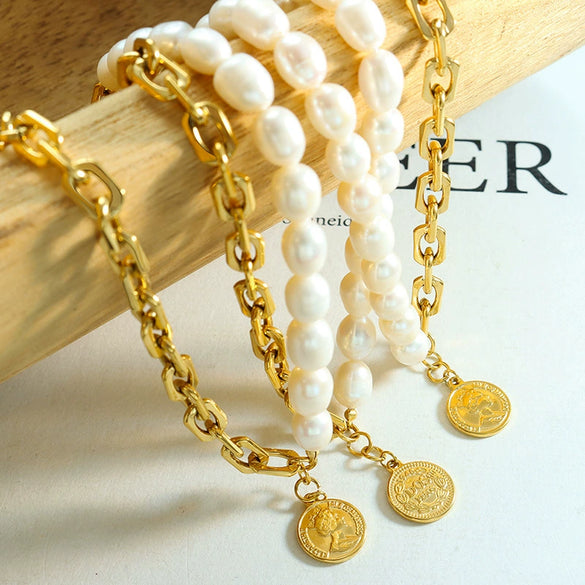 Wholesale Women's Baroque Geometric Freshwater Pearl And Titanium Steel Splicing Chain Necklace Jewelry