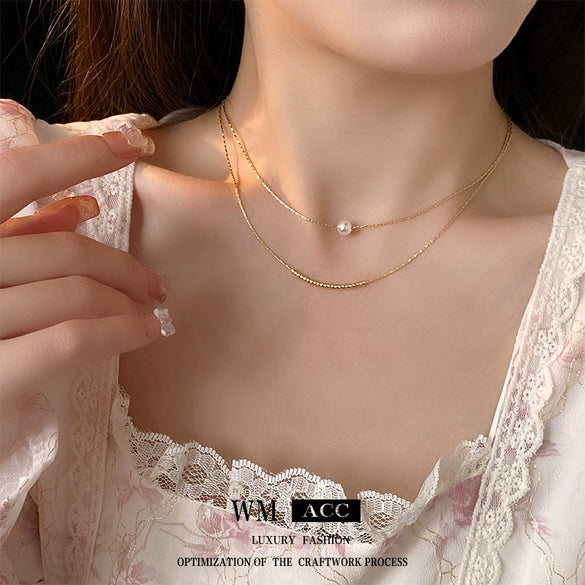 Wholesale Women's Baroque Pearl Doublelayer Allmatching Copper Clavicle Chain Necklace With Geometric Pattern And Electroplating Treatment