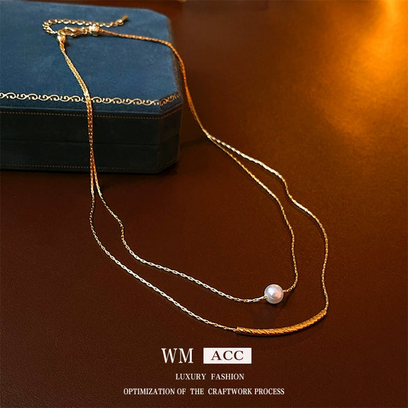 Wholesale Women's Baroque Pearl Doublelayer Allmatching Copper Clavicle Chain Necklace With Geometric Pattern And Electroplating Treatment