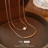 Wholesale Women's Baroque Pearl Doublelayer Allmatching Copper Clavicle Chain Necklace With Geometric Pattern And Electroplating Treatment