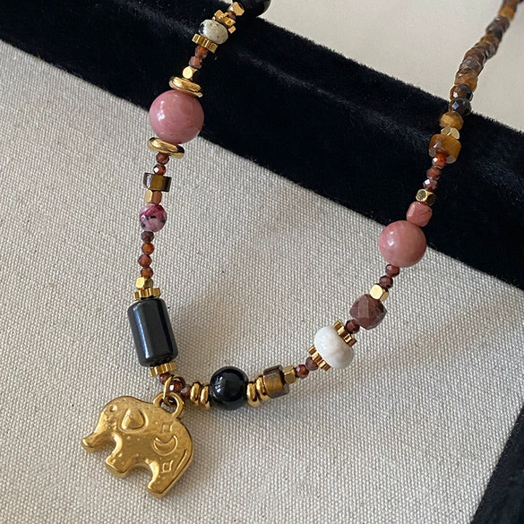 Wholesale Women's Beaded Elephant Zodiac Niche High End Autumn And Winter Clavicle Chain Handmade With Alloy Pendant