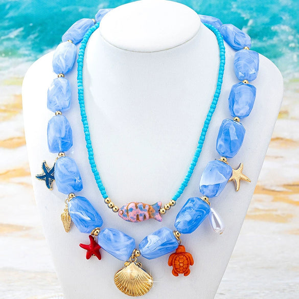 Wholesale Women's Beaded Necklace With Starfish And Shell Pendants Ocean Vacation Style Flower Pattern Zinc Alloy Electroplated