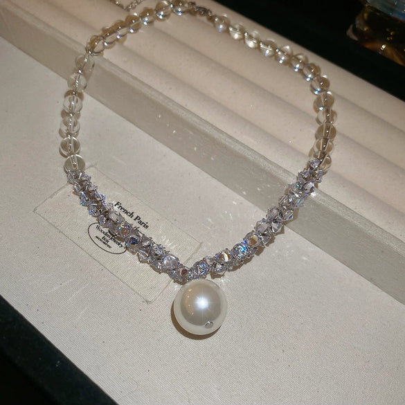 Wholesale Women's Beaded Pendant Necklace With Imitation Pearls And 925 Silver Geometric Handmade Design Simple Light Luxury All Match Collar Chain