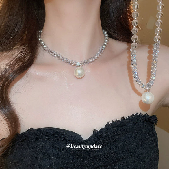 Wholesale Women's Beaded Pendant Necklace With Imitation Pearls And 925 Silver Geometric Handmade Design Simple Light Luxury All Match Collar Chain