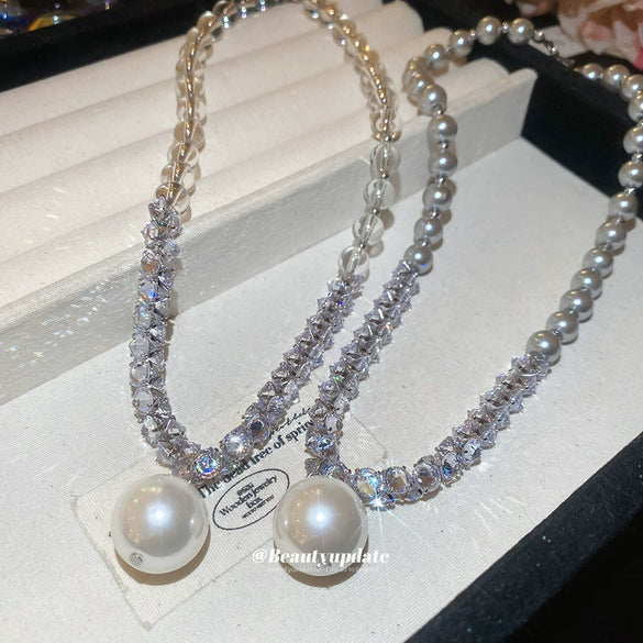 Wholesale Women's Beaded Pendant Necklace With Imitation Pearls And 925 Silver Geometric Handmade Design Simple Light Luxury All Match Collar Chain