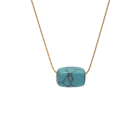 Wholesale Women's Blue Turquoise Geometric Square Pendant 316L Stainless Steel 18K Gold Plated Clavicle Necklace Chain