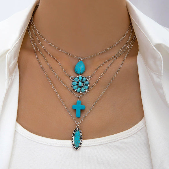 Wholesale Women's Bohemian Style Vintage Turquoise Flower Turtle Shell Alloy Resin Necklace Electroplated