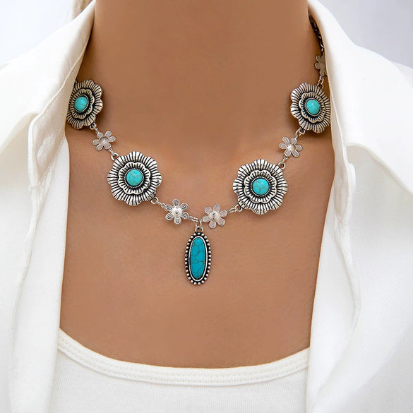 Wholesale Women's Bohemian Style Vintage Turquoise Flower Turtle Shell Alloy Resin Necklace Electroplated