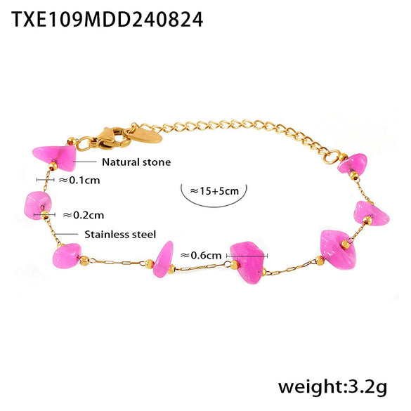 Wholesale Women's Boho Style Pink Natural Stone 316L Stainless Steel Handmade Collarbone Necklace Bracelet