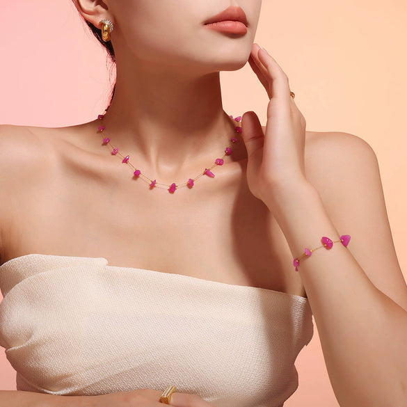 Wholesale Women's Boho Style Pink Natural Stone 316L Stainless Steel Handmade Collarbone Necklace Bracelet