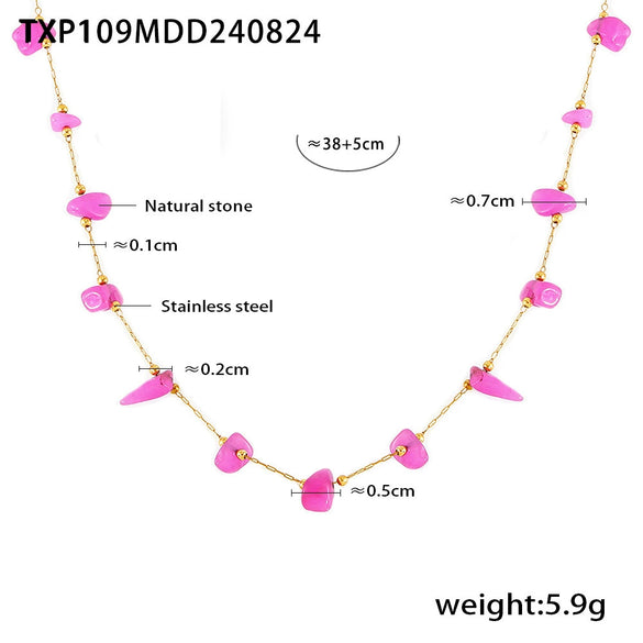 Wholesale Women's Boho Style Pink Natural Stone 316L Stainless Steel Handmade Collarbone Necklace Bracelet