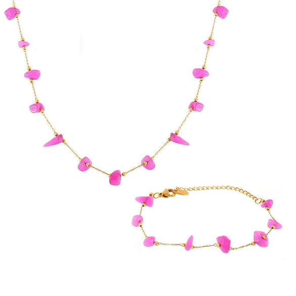 Wholesale Women's Boho Style Pink Natural Stone 316L Stainless Steel Handmade Collarbone Necklace Bracelet