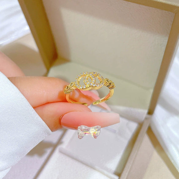 Wholesale Women's Brass Crown Pattern Open Double Ring With Gold Electroplating And Micro Inlay
