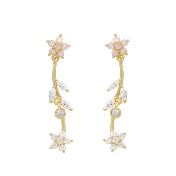 Wholesale Women's Brass Wicker Flower And Leaf Zircon Inlaid Earrings