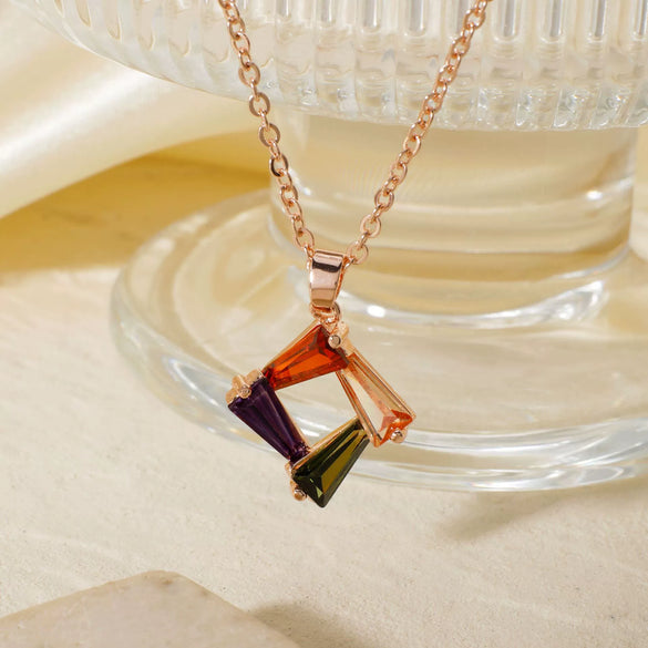 Wholesale Women's Bridal Jewelry Geometric Square Frame Zircon Necklace Copper Glass Stainless Steel O Chain Electroplating