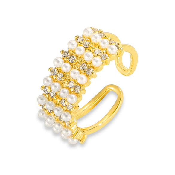 Wholesale Women's British Retro Geometric Wide Faced Copper Open Ring With Imitation Pearl Zircon And 18K Gold Plated Beads
