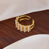 Wholesale Women's British Retro Geometric Wide Faced Copper Open Ring With Imitation Pearl Zircon And 18K Gold Plated Beads