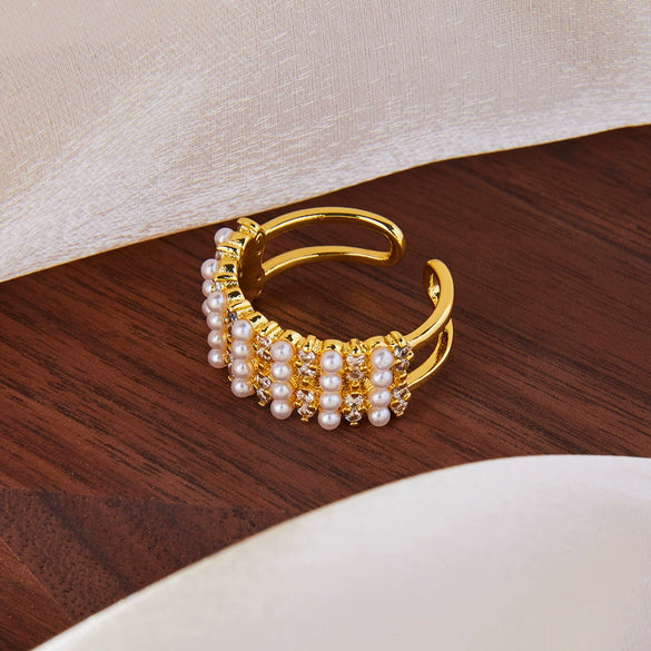 Wholesale Women's British Retro Geometric Wide Faced Copper Open Ring With Imitation Pearl Zircon And 18K Gold Plated Beads