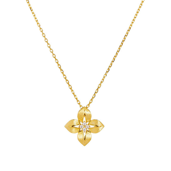 Wholesale Women's Brushed 925 Silver Four Leaf Flower Necklace With 18K Gold Plated Retro Design