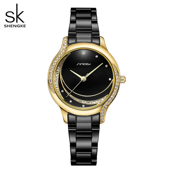 Wholesale Women's Business Style Alloy Band And Case Watch With Sun Pattern And Star And Moon Dial Mineral Strengthened Glass Mirror Bilateral Button Clasp Spiral Crown Round Dial