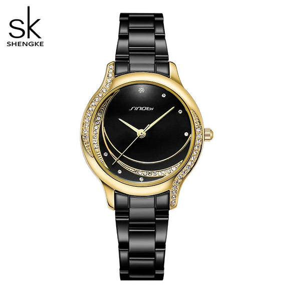 Wholesale Women's Business Style Alloy Band And Case Watch With Sun Pattern And Star And Moon Dial Mineral Strengthened Glass Mirror Bilateral Button Clasp Spiral Crown Round Dial