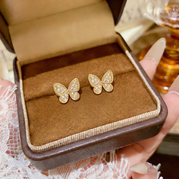 Wholesale Women's Butterfly Diamond Stud Earrings In Copper Material With Niche Minimalist Style
