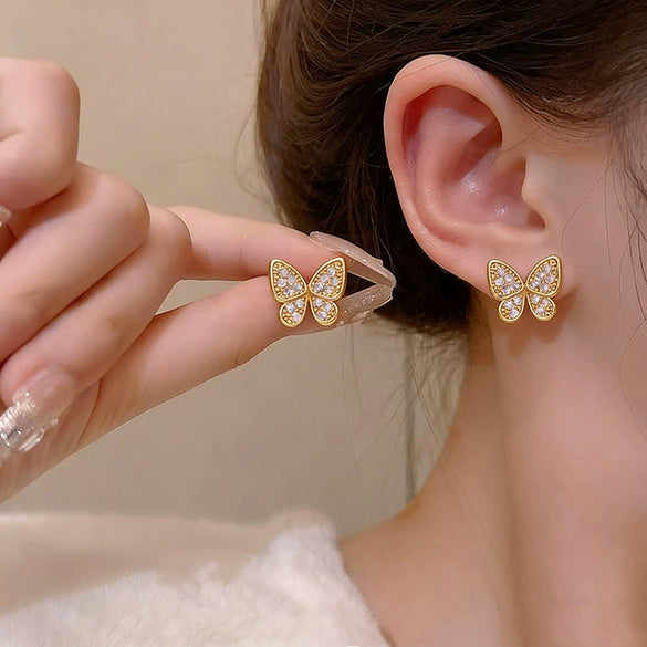 Wholesale Women's Butterfly Diamond Stud Earrings In Copper Material With Niche Minimalist Style