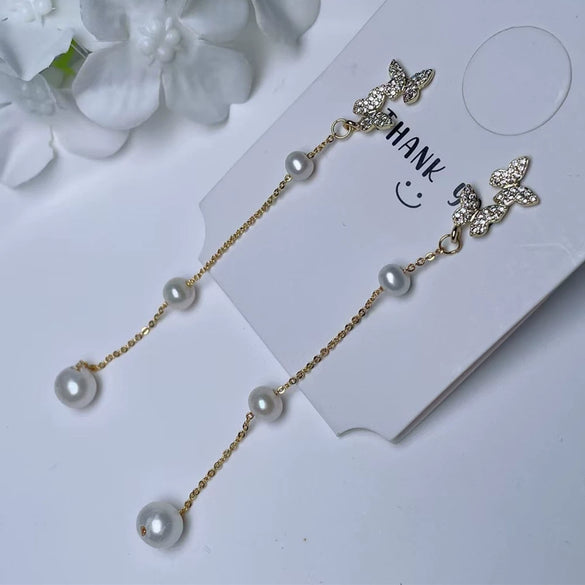 Wholesale Women's Butterfly Long Tassel Pearl Earrings Nearly Round Shape