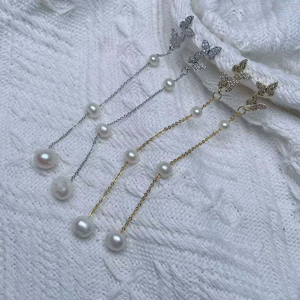 Wholesale Women's Butterfly Long Tassel Pearl Earrings Nearly Round Shape
