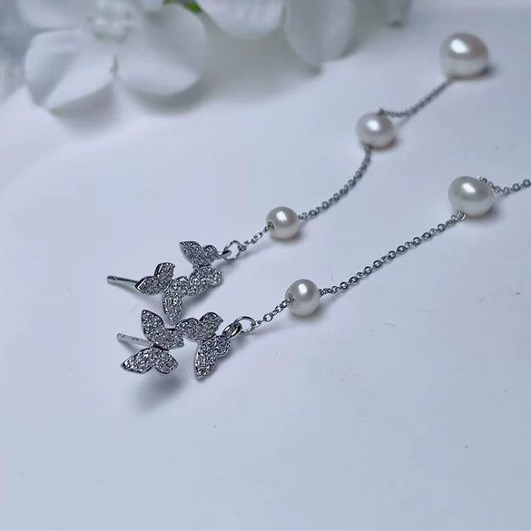 Wholesale Women's Butterfly Long Tassel Pearl Earrings Nearly Round Shape