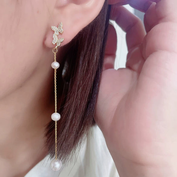 Wholesale Women's Butterfly Long Tassel Pearl Earrings Nearly Round Shape