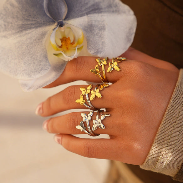 Wholesale Women's Butterfly Open Rings Stainless Steel Pvd Furnace Vacuum Real Gold Plating