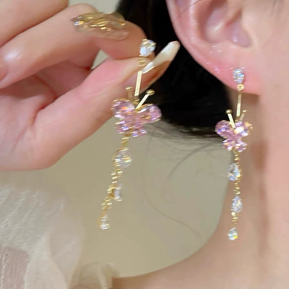 Wholesale Women's Butterfly Tassel Earrings Silver Needle Full Diamond Animals Style