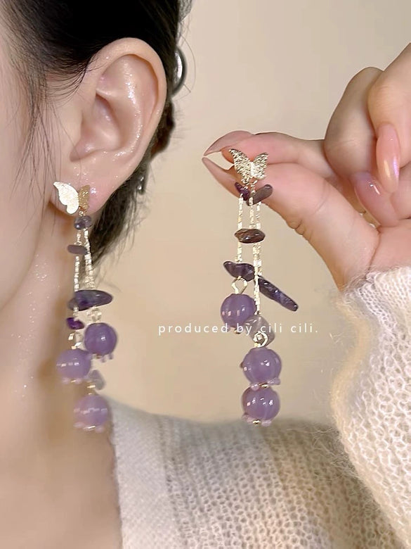 Wholesale Women's Butterfly Tassel Earrings Silver Needle Full Diamond Animals Style