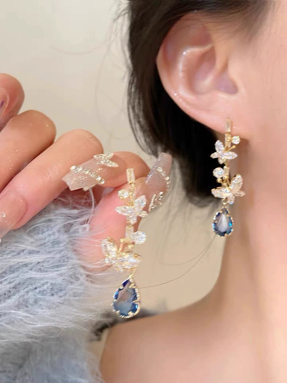 Wholesale Women's Butterfly Tassel Earrings Silver Needle Full Diamond Animals Style
