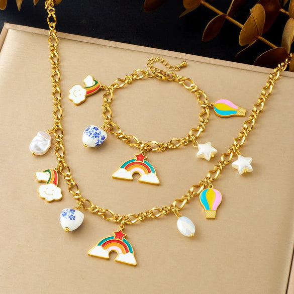 Wholesale Women's Cartoon Minimalist Stainless Steel Electroplated Jewelry Set With Heart Shape Pendant Featuring Stars Sun And Moon Clouds And Universe Patterns