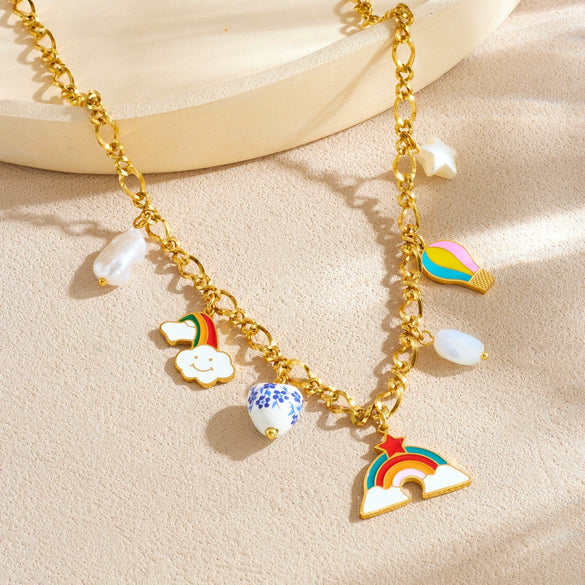 Wholesale Women's Cartoon Minimalist Stainless Steel Electroplated Jewelry Set With Heart Shape Pendant Featuring Stars Sun And Moon Clouds And Universe Patterns
