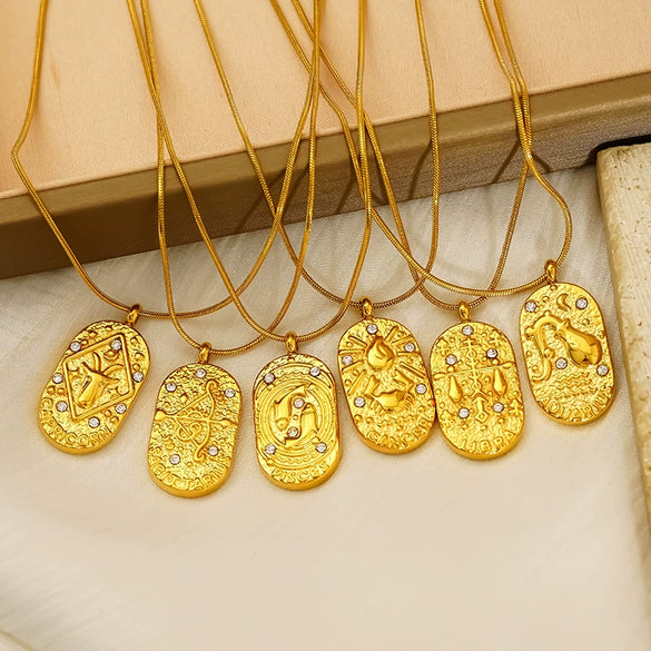 Wholesale Women's Casual Constellation Pendant Necklace Gold Plated Titanium Steel Casting Oval Hammer Cross Chain