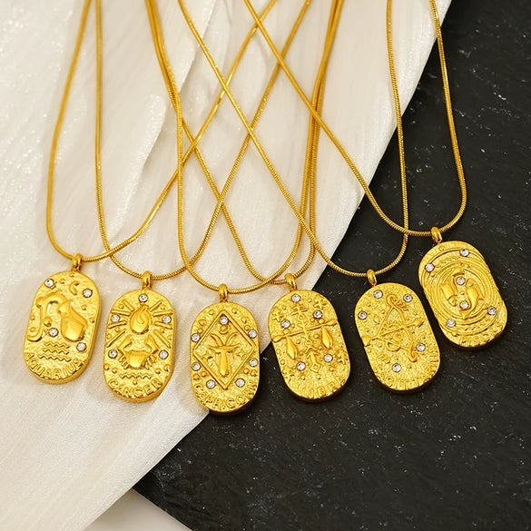 Wholesale Women's Casual Constellation Pendant Necklace Gold Plated Titanium Steel Casting Oval Hammer Cross Chain
