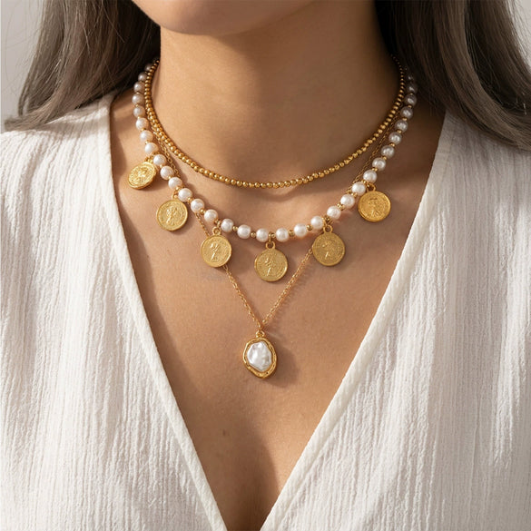 Wholesale Women's Casual Geometric Alloy Electroplated Gold Coin Portrait Pearl Multilayered Necklace