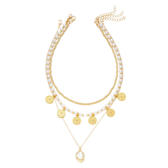 Wholesale Women's Casual Geometric Alloy Electroplated Gold Coin Portrait Pearl Multilayered Necklace