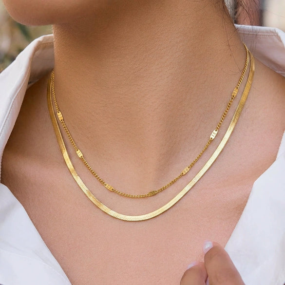 Wholesale Women's Casual Geometric Doublelayer Flat Snake Chain Necklace 18K Real Gold Vacuum Plated Stainless Steel Jewelry