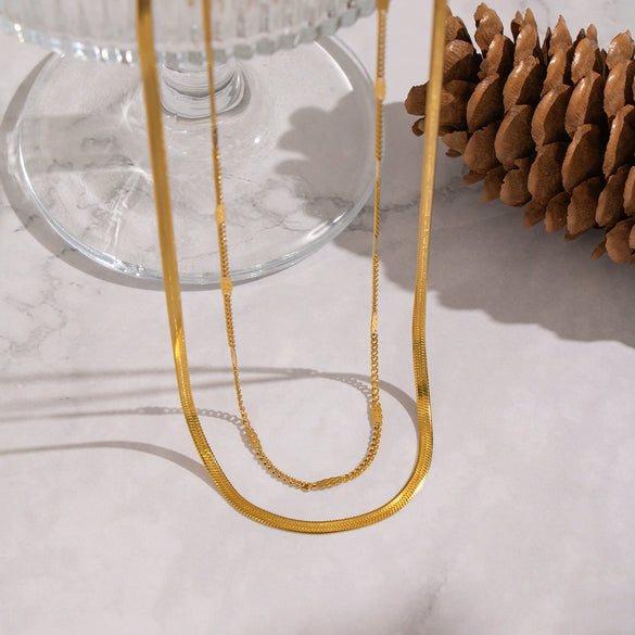Wholesale Women's Casual Geometric Doublelayer Flat Snake Chain Necklace 18K Real Gold Vacuum Plated Stainless Steel Jewelry