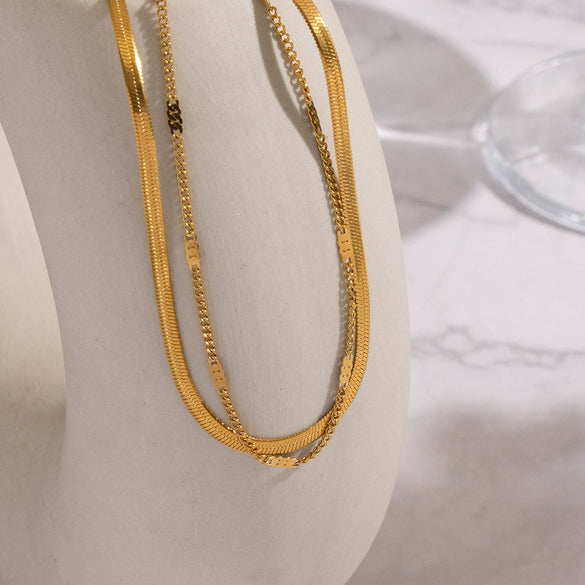Wholesale Women's Casual Geometric Doublelayer Flat Snake Chain Necklace 18K Real Gold Vacuum Plated Stainless Steel Jewelry