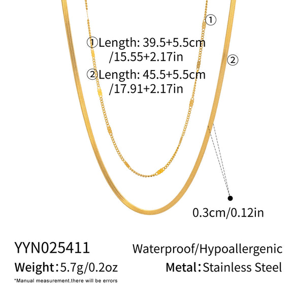 Wholesale Women's Casual Geometric Doublelayer Flat Snake Chain Necklace 18K Real Gold Vacuum Plated Stainless Steel Jewelry